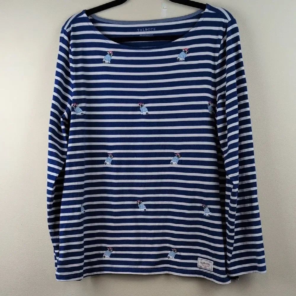 Authentic Talbots Embroidered French Bulldog Striped Bateau Neck Shirt Size L
